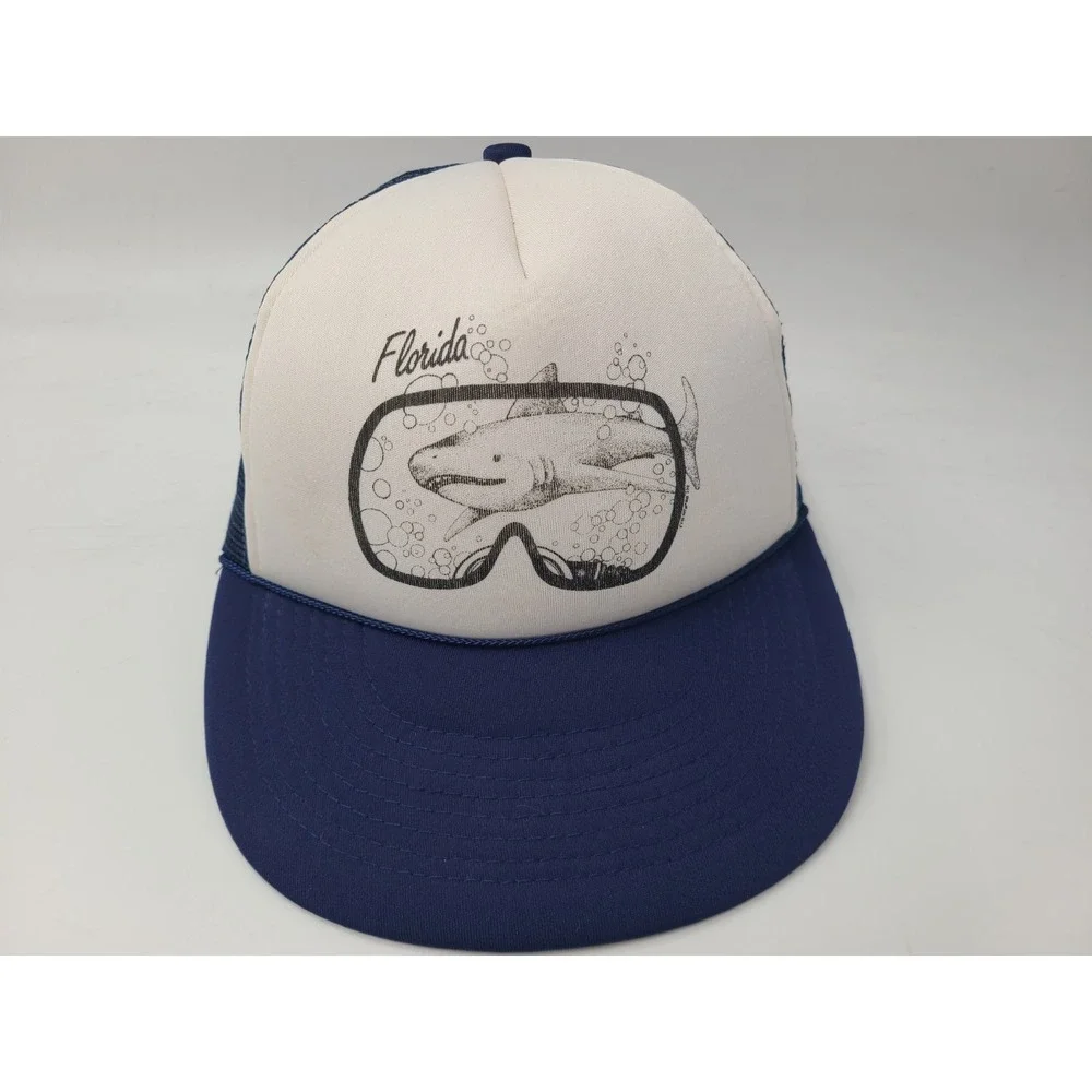 Vintage Florida Shark Mesh Trucker Snapback (Fits Small) Hat Cap Dive White Blue